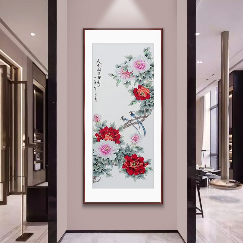 紫腾随轩牡丹花开富贵装饰画入户玄关走廊过道挂画现代客厅竖版壁画墙