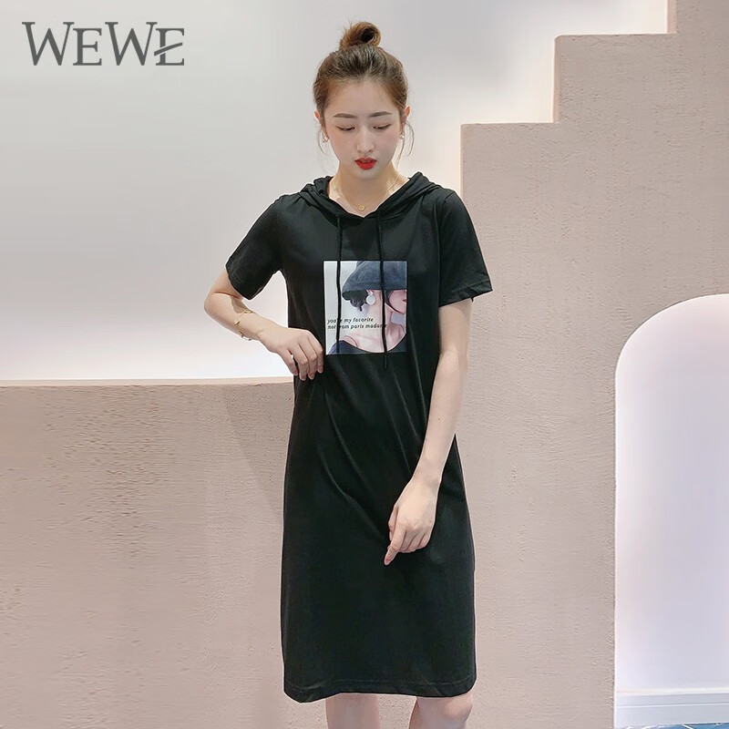 WEWE唯唯夏季新款中长款连衣裙女带帽欧美时尚印花棉质卫衣中裙 黑色 S(160)