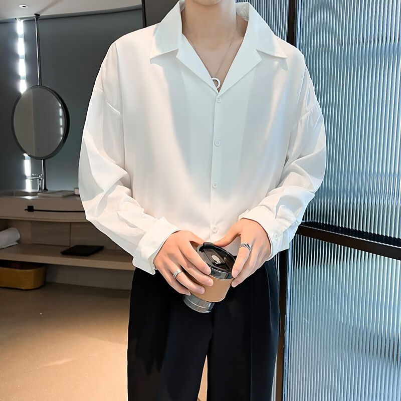 she)很仙的坠感长袖衬衫个性领带飘带男长袖衬衫男宽松休闲暗黑系纯色