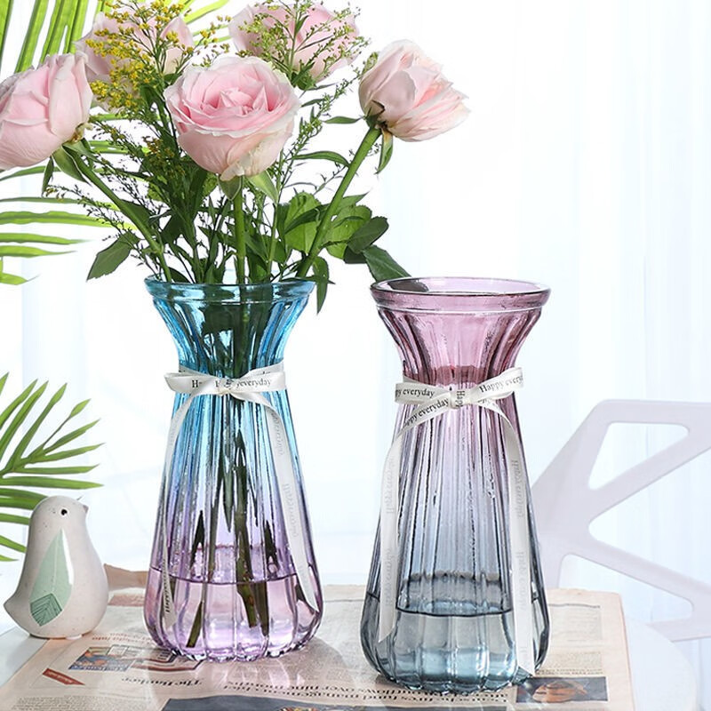 两件套】北欧玻璃小花瓶透明彩色水培植物干花欧式客厅插花摆件 22CM束腰款（红灰色+蓝紫色）2个