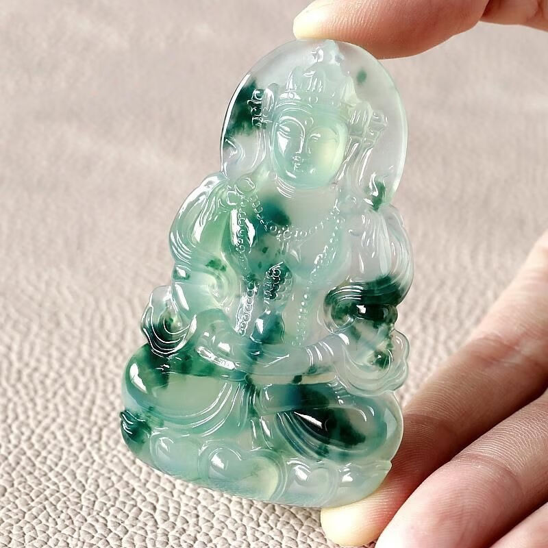 官方缅甸翡翠度母观音吊坠老坑冰种阳绿飘花玉牌项链玉石挂件 绳子款