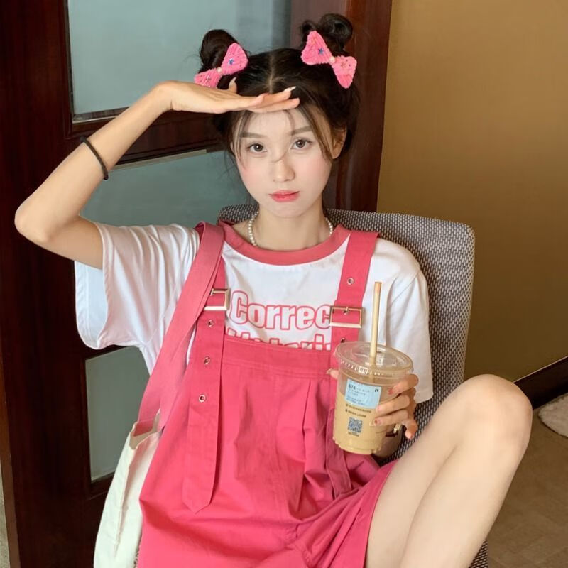 柠瑜芯夏日多巴胺穿搭夏天甜酷女孩穿搭套装夏季减龄女背带裤学生韩版
