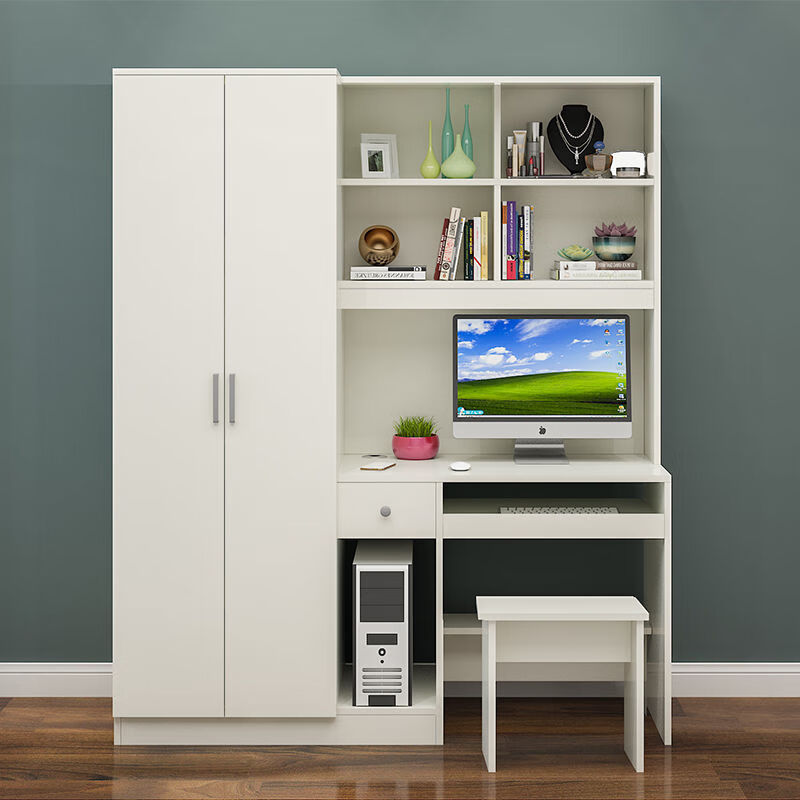 电脑桌带衣柜简约现代多功能组合书架学生写字台一体连体书桌衣柜 浅
