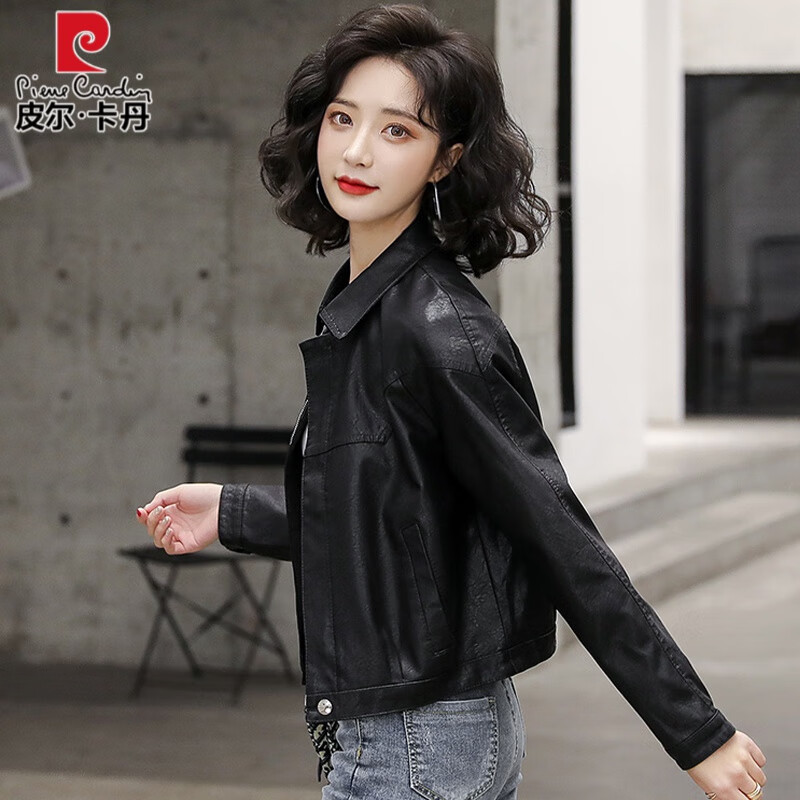 皮尔卡丹海宁真皮皮衣外套女春秋2023新款高级小个子短款休闲绵羊皮夹克 黑色 L高性价比高么？
