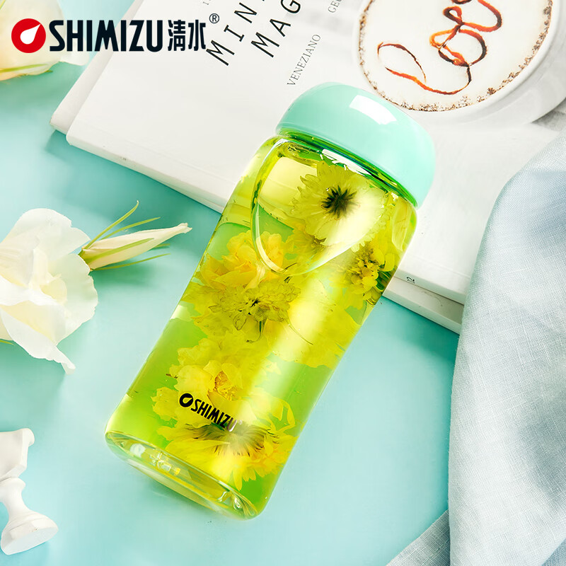 清水（SHIMIZU） 单层曲线玻璃杯时尚女士透明水杯儿童可爱便携杯子 8081 浅绿色 280ml