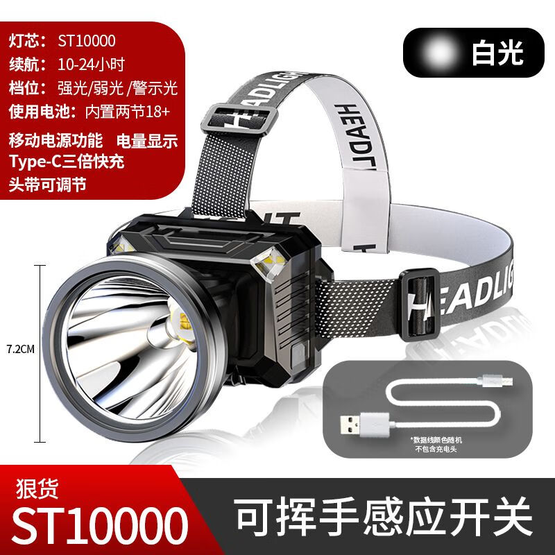 头灯强光充电超亮手电筒头戴式户外 狠货st10000 白光 可感应