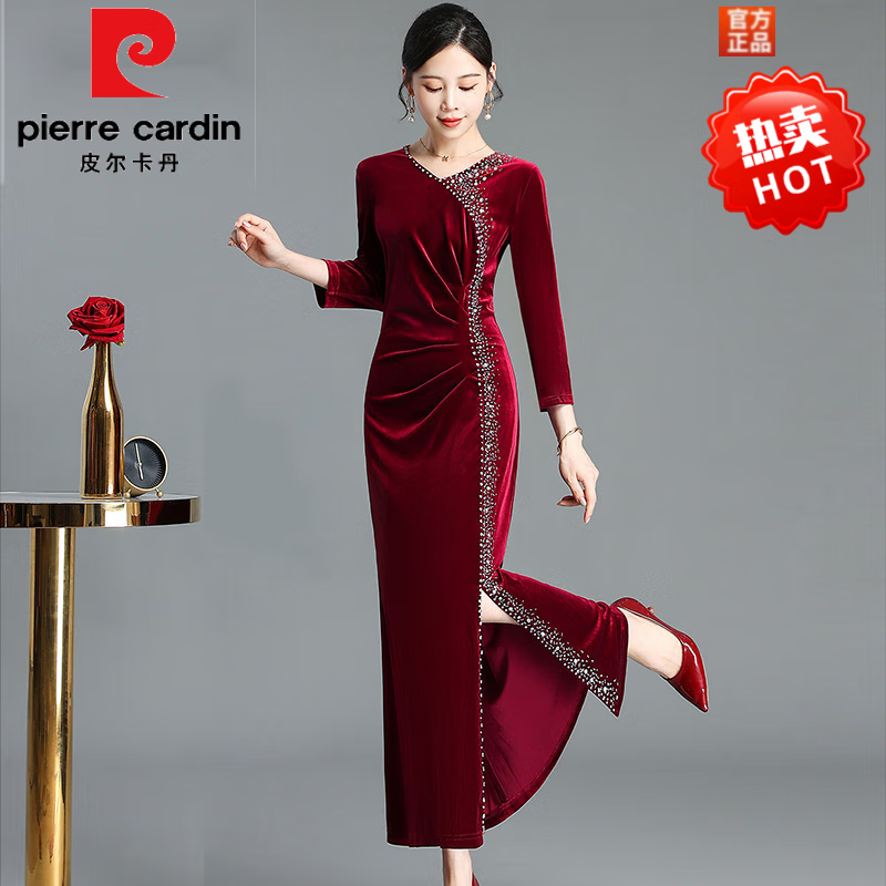 皮尔卡丹（pierrecardin）金丝绒晚礼服连衣裙女春中年妈I妈婚礼服改良版旗袍喜婆婆婚宴装 酒红 长i款 XL