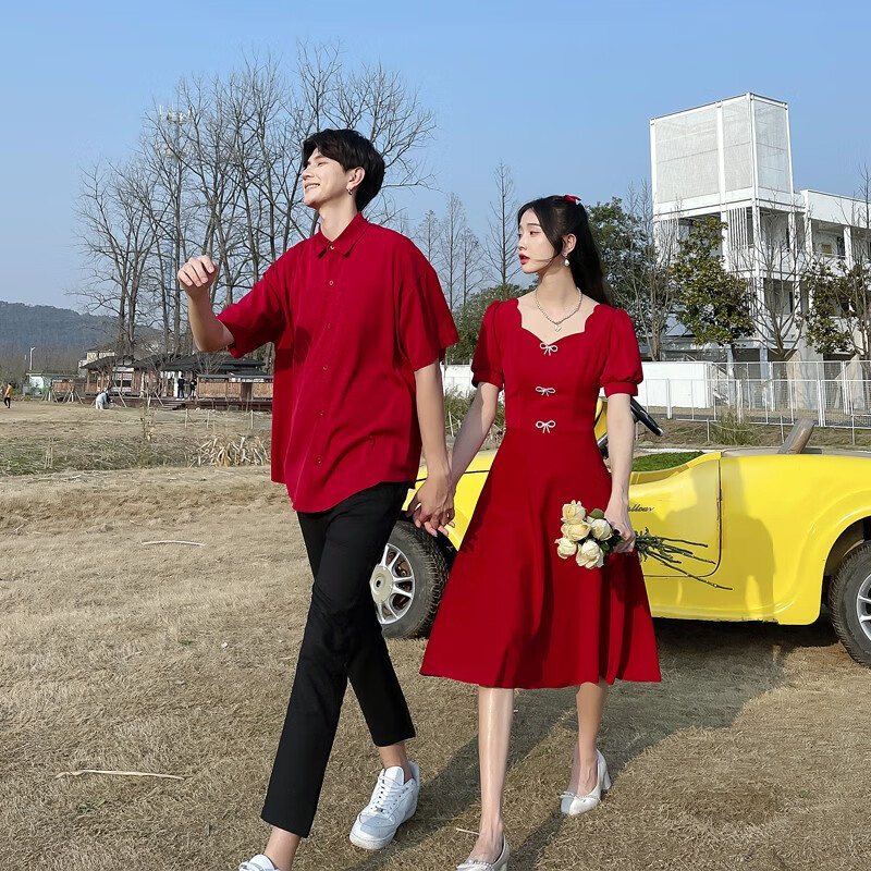 秀絲路訂婚禮服情侶套裝夏季訂婚情侶裝短袖襯衣套裝2023感蝴蝶結(jié)襯衫紅 女連衣裙 XL