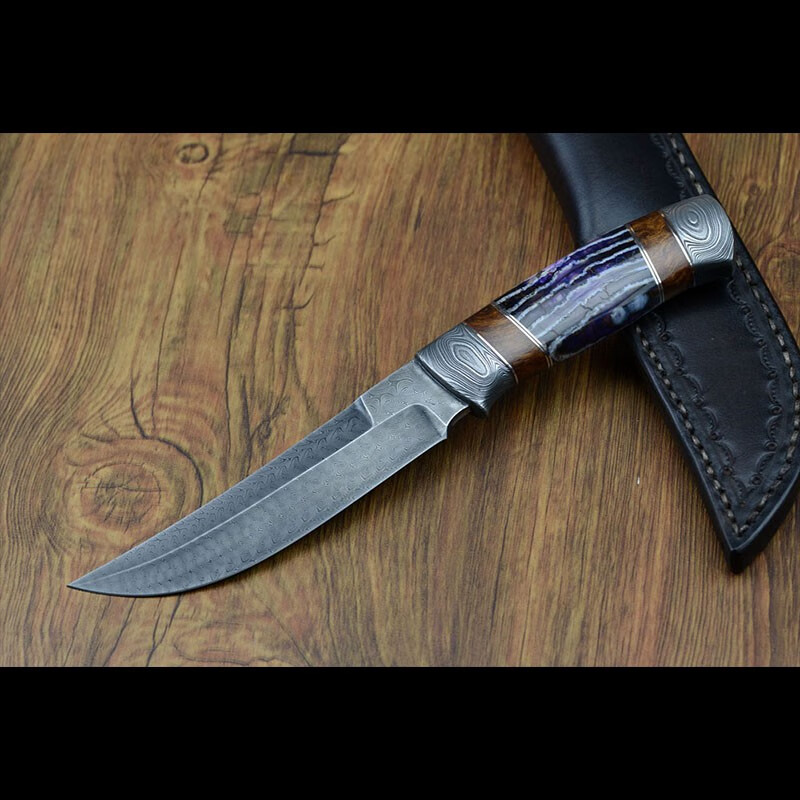 雨轩户外复合锻造马赛克大马士革钢刀手工制作猛犸牙沙铁木手柄小直刀