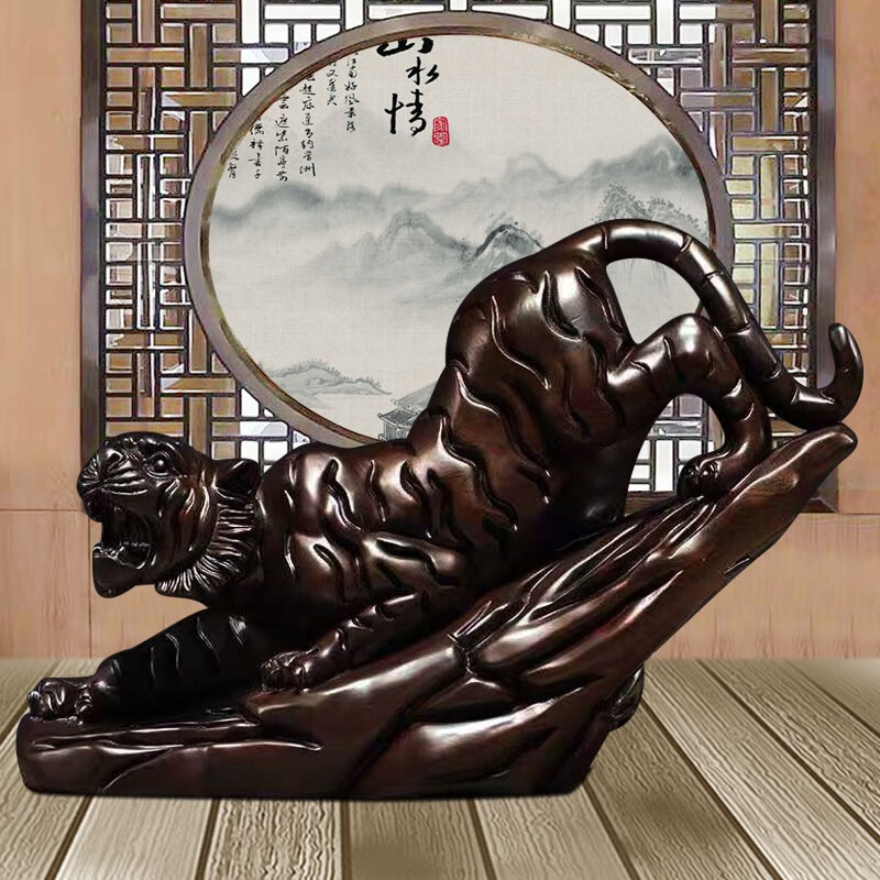 天从 黑檀木制下山虎摆件实木雕刻老虎家居摆件纯木质虎虎生威工艺