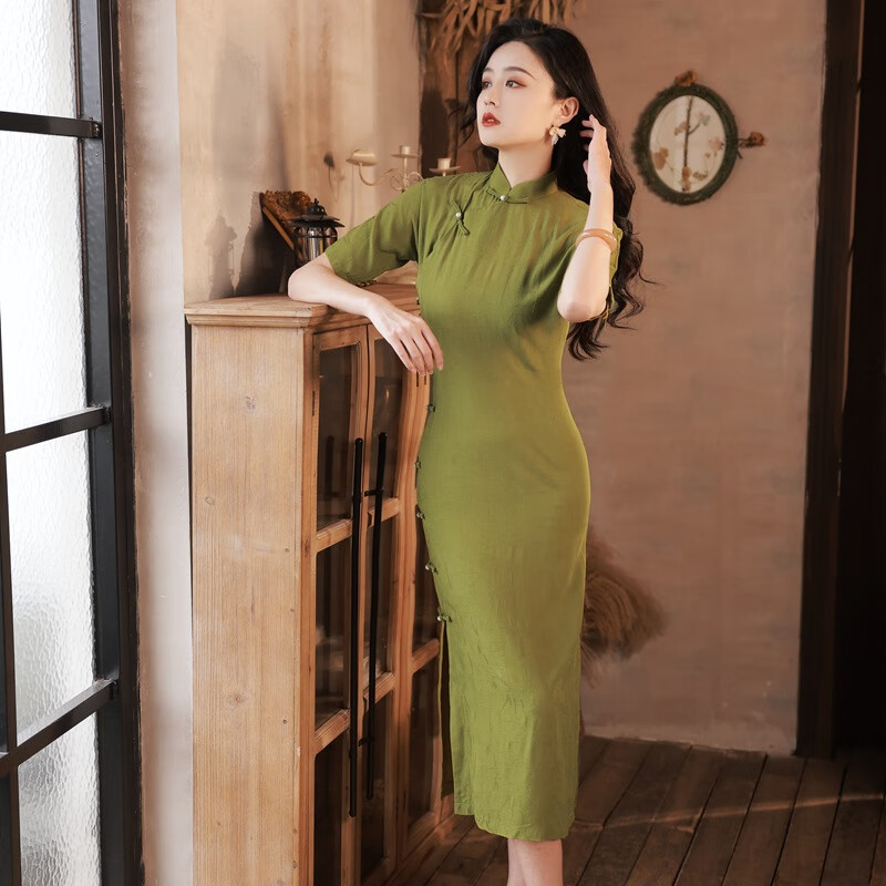 rongxitu)贵气高端真开襟旗袍长款年新款复古改良款气质民国风 秋香绿