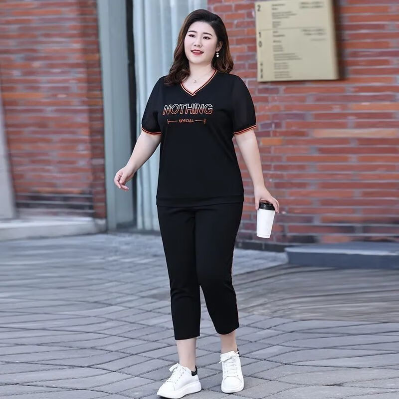 璀姗300斤胖妹加肥加大码女装运动裤夏装大码女装休闲运动套装新 黑色