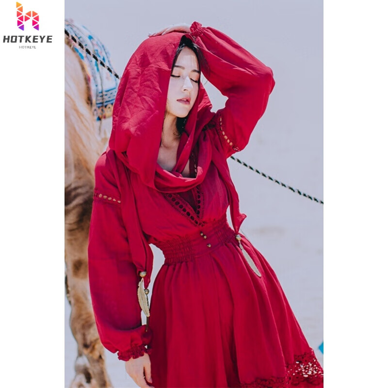 hot keke西藏旅游衣服女云南丽江民族风红色连衣裙青海湖拍照长裙沙漠