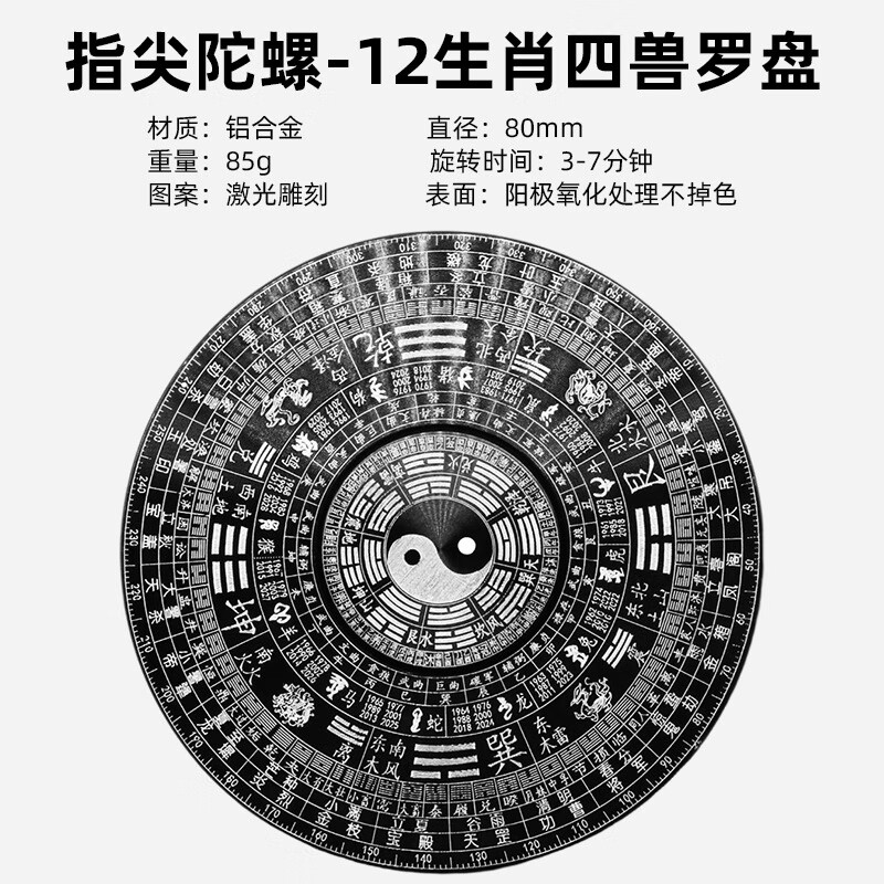 指尖陀螺太极八卦大号风水解压玩具 周易64卦金属陀螺 【8厘米】12生肖四兽罗盘