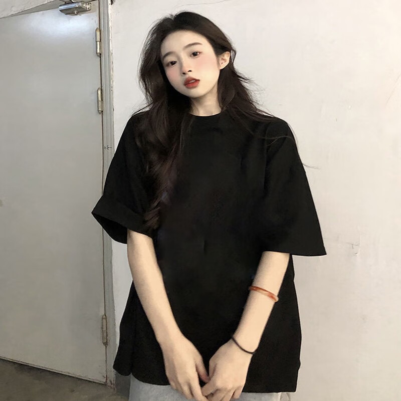 纯棉短袖t恤女夏季新款bf风纯色韩版ins潮学生宽松夏季上衣显瘦 黑色