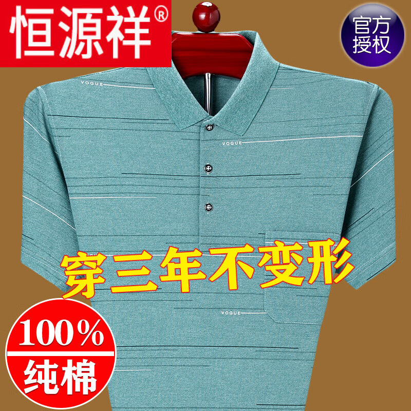 t恤男纯棉中年夏季翻领条纹宽松大码薄款真口袋爸爸装t 短袖9906绿色