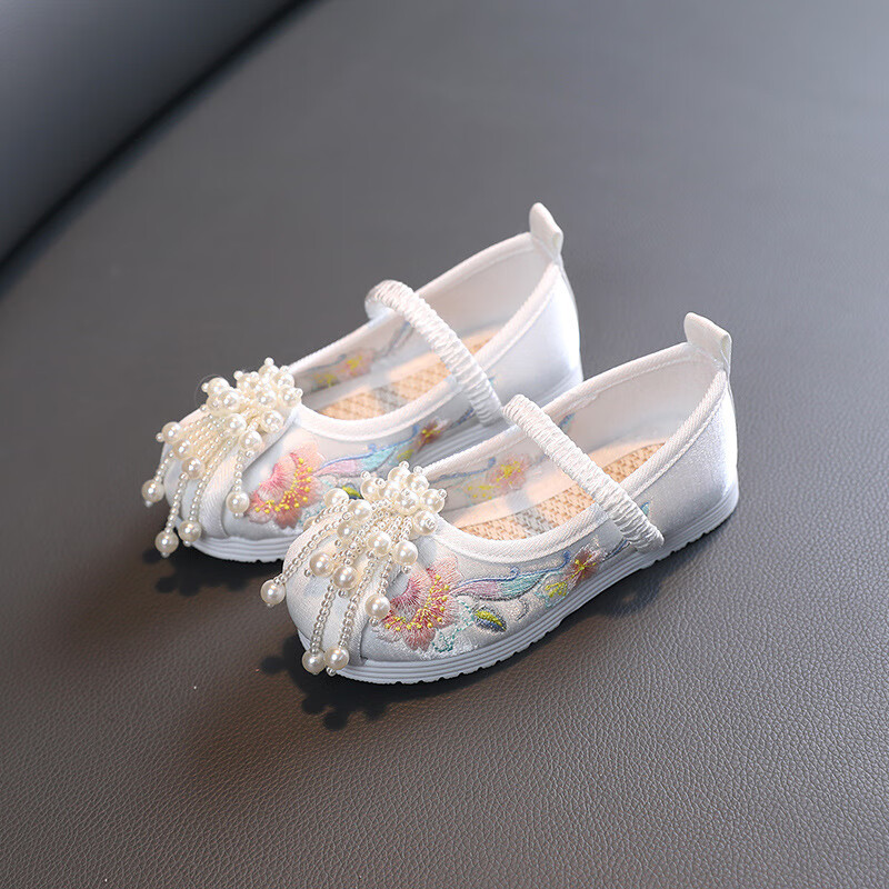 妙翡中國(guó)風(fēng)兒童布鞋松緊古裝鞋中大童繡花鞋女童漢服鞋珍珠松緊古風(fēng)鞋 L05白 28