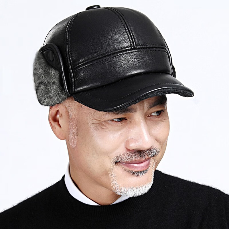 东蜃真皮帽子男冬季加绒加厚中老年人lei锋帽男士棒球帽户外保暖护耳
