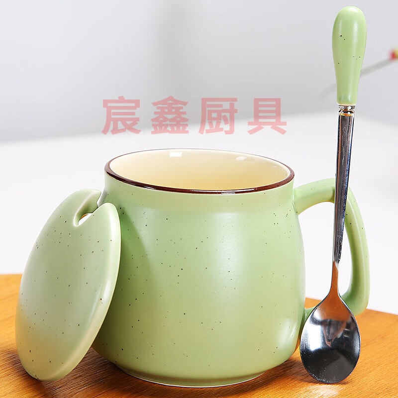 早餐杯陶瓷杯带盖勺马克杯子创意牛奶杯情侣简约水杯办公室咖啡杯 满天星绿 早餐杯+单杯