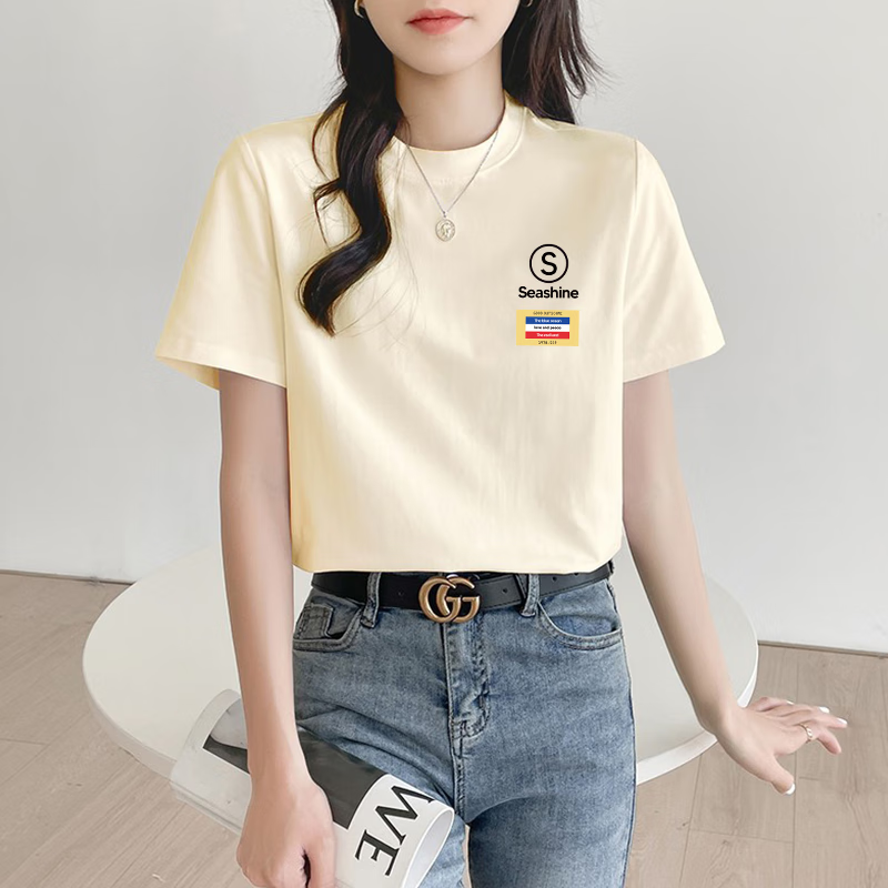 潮范美杜莎拉夏天穿的高领短袖女士内搭打底t恤奶黄半高领短袖t恤女