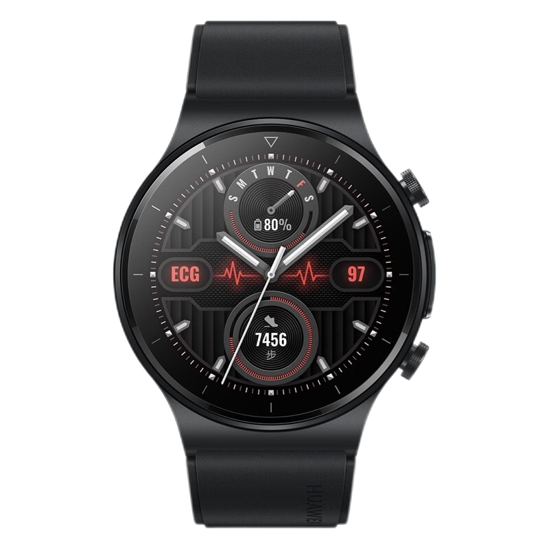 HUAWEI 华为 WATCH GT 2 Pro ECG款 智能手表 46mm 曜石黑表盘 黑色橡胶表带（ECG、血氧、GPS、扬声器、温度计）