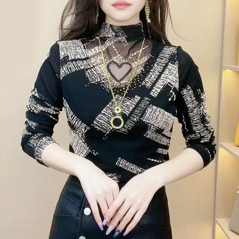 蕾雷丝透明网纱沙打底衫秋冬新款字母网纱印花打底衫女洋气镂空烫钻