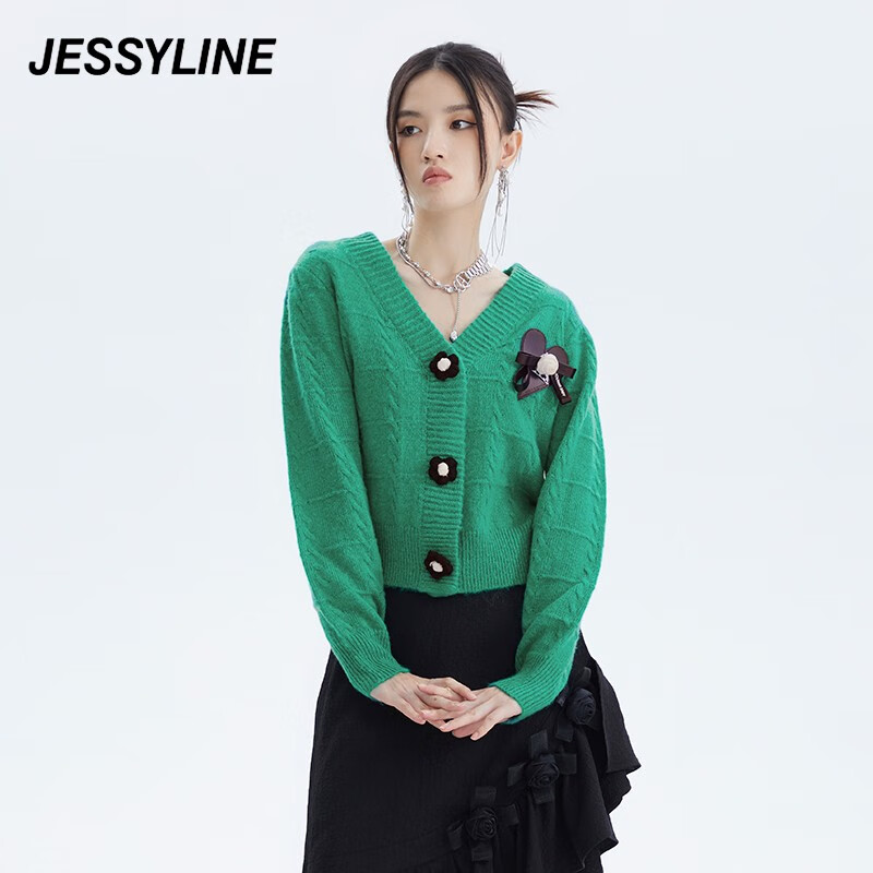 Jessy line【2折特卖款】秋装款杰茜莱时尚绿色v领针织衫女毛衣 231204028 果绿色(无配饰) XS/155