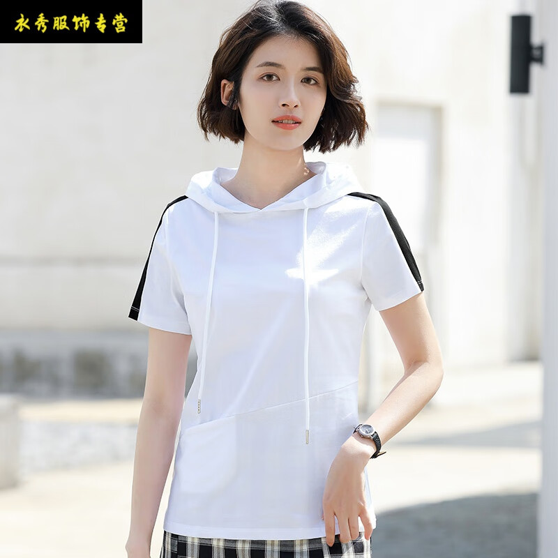 德朔夏天戴帽卫衣2023夏装新款短袖女连帽撞色运动带帽衫棉质女新款
