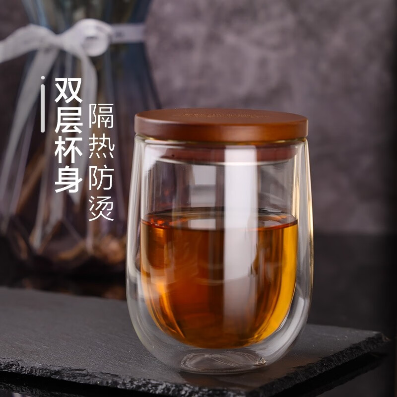 小雨点透明玻璃双层茶水杯带盖水杯茶杯咖啡杯家用大容量水壶套装手柄壶 QQ杯带盖单只装