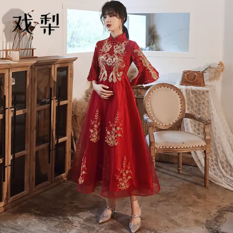 戏梨孕妇敬酒服新娘遮肚子2023新款中式结婚礼服大码胖红色回门服女 长款酒红色高腰敬酒服 M怎么样,好用不?