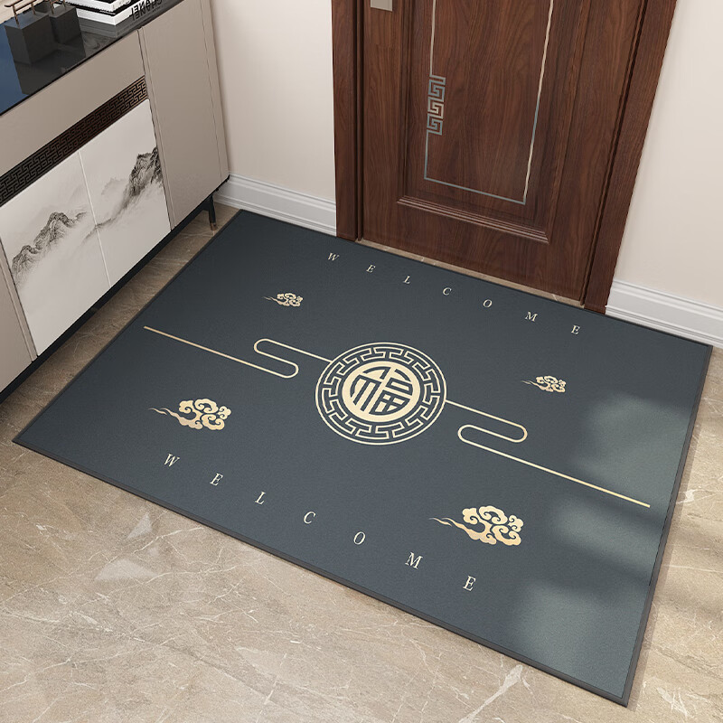 双喜临门 新中式入户门地垫进门脚垫家用门口玄关垫红色客厅茶几垫可定制 加厚钻石绒进门垫-百福呈祥红色 80cm*120cm