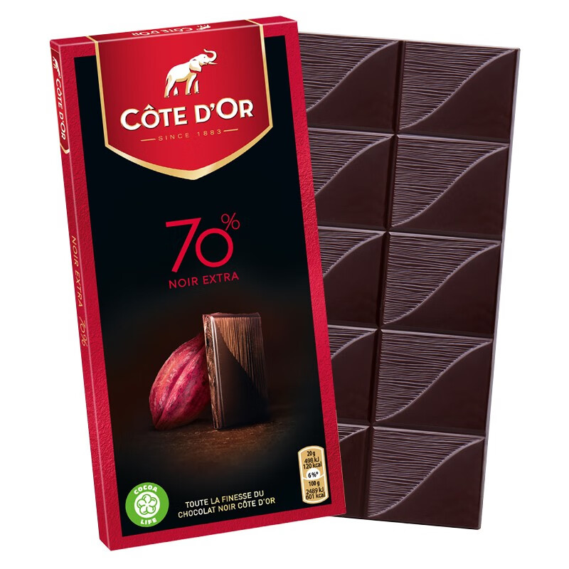 比利时进口克特多金象（Cote d'Or） 70%可可黑巧克力糖果儿童休闲零食排块装100g 生日礼物情人节礼物