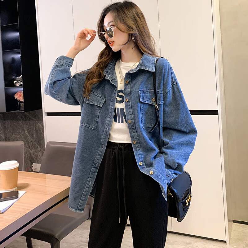 新款女士牛仔衬衫女薄款溥簿款牜子孑上衣服装女式潮流百搭春秋外套女