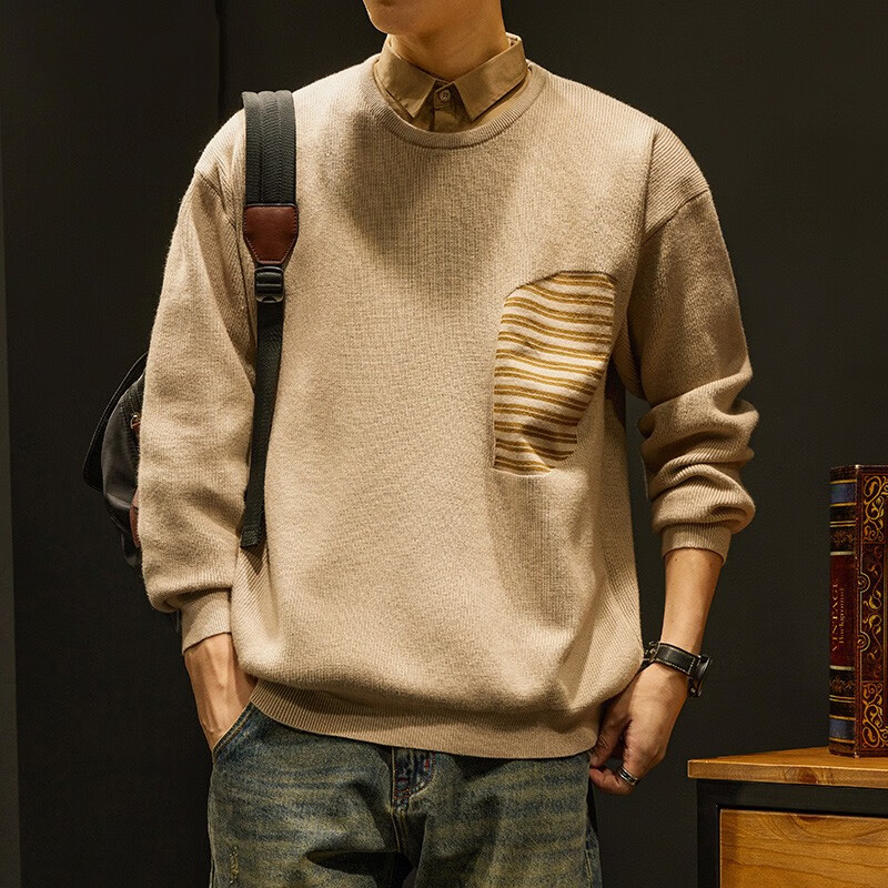 男宽松polo毛线衣男士休闲翻领针织衫男生秋冬季长 灰杏色 m110-130斤