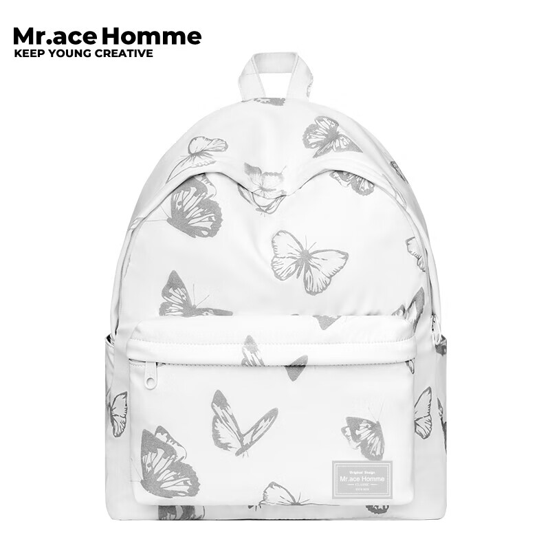 Mr.ace Hommemrace双肩包女百搭学生上课书包反光蝴蝶大容量休闲背包男 白色