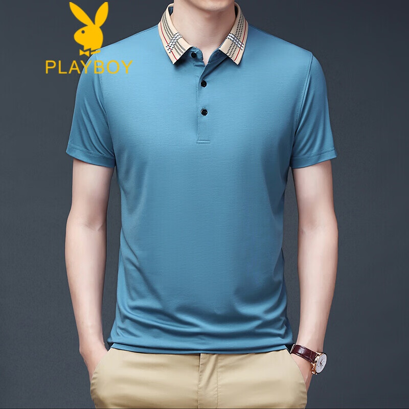 短袖t恤男桑蚕冰丝男士短袖翻领高品质商务休闲商务t恤纯色 湖蓝色 m