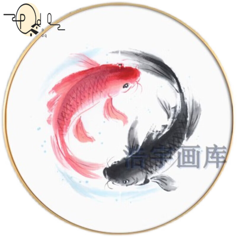 元族阴阳鱼挂画 圆形新中式太极鱼八卦鲤鱼装饰画轻奢玄关双鱼背景墙