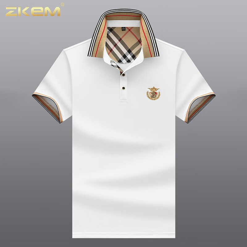 ZKEM奢侈高端品牌商务休闲衫短袖t恤男士衣服男装桑蚕丝刺绣POLO 白色 M（160-170CM 100-125斤）