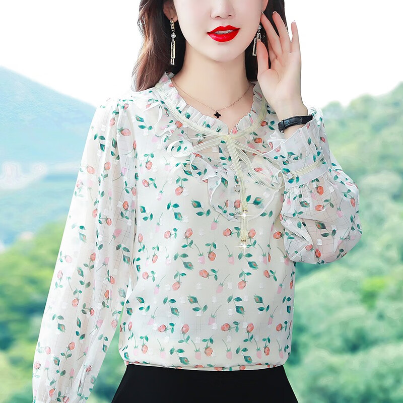 lu)雪纺衫女长袖早春秋新款时尚小清新碎花遮肚子减龄女士上衣打底衫