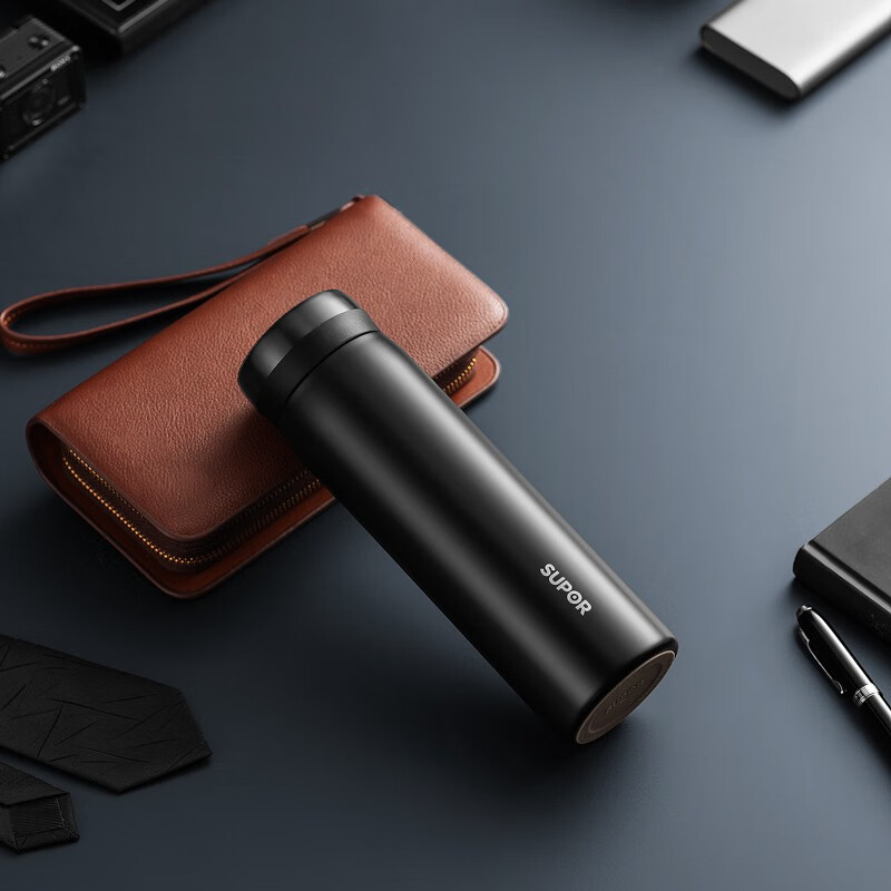 苏泊尔supor316l不锈钢保温杯男士商务杯智能显温保温杯380ml儒雅黑kc