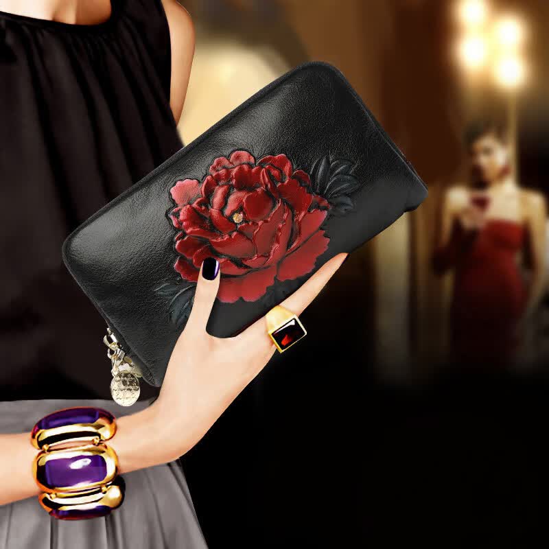 帕米琪（PAMIQI）2022七夕真皮小手包时尚休闲迷你手拿包牛皮女士手拎手机包零钱包 红牡丹