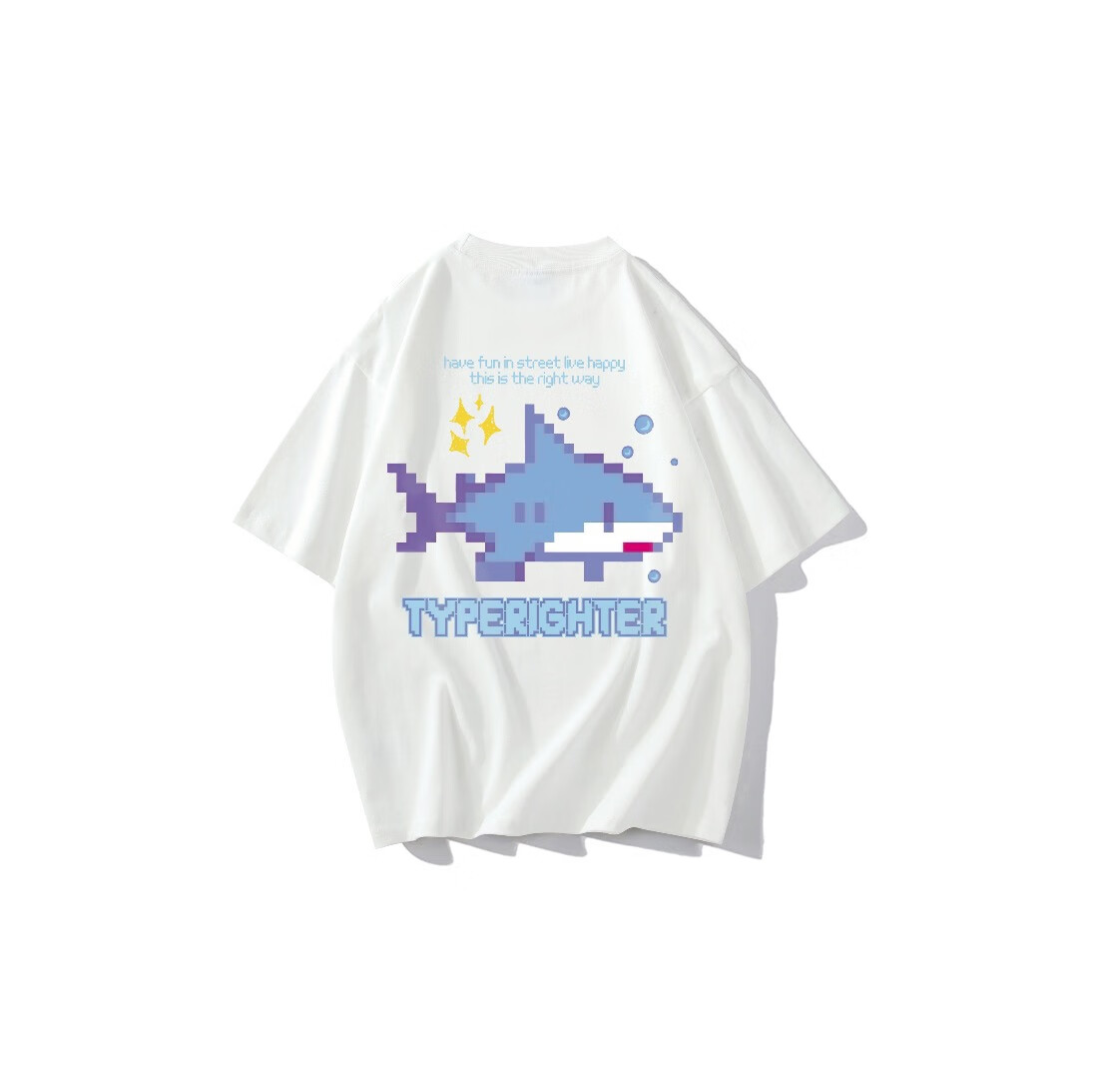 鲁贝奥TYPERIGHTER像素风马赛克涂鸦卡通鲨鱼字母印花宽松圆领短袖T恤 白色 （重磅） 2XL