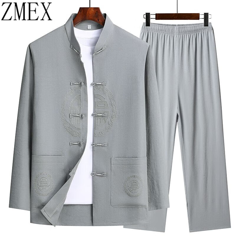 ZMEX中老年爸爸夏秋套装唐装男中国风男装 麻爷爷春秋季汉服老人衣服 浅灰色 套装 40/170建议115-130斤怎么看?