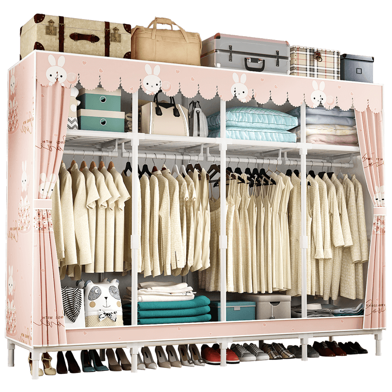 家丽人 简易衣柜1.7米布衣柜全钢架卧室家用衣柜宿舍单人双人便携衣柜加粗钢管落地衣橱