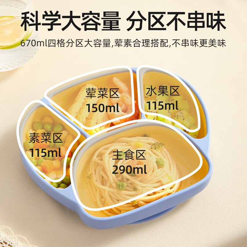 贝肽斯婴儿餐盘分格带吸盘硅胶辅食碗宝宝吃饭训练辅食勺儿童餐具套装 洛尔黄+盖子+吸管(液态硅胶)