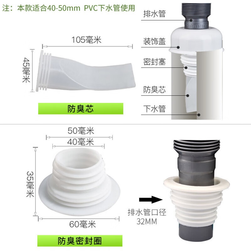 地漏  防臭硅胶芯 卫生间地漏盖下水道防虫地漏芯 厕所卫生间密封圈 防臭芯+密封圈(40/50)