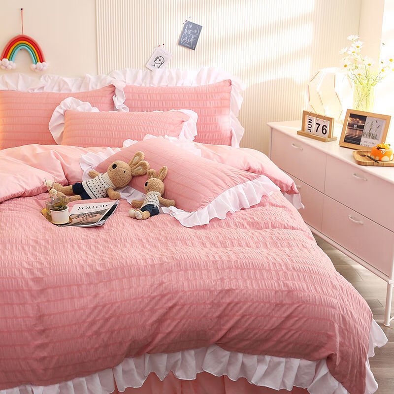 罔济花边纯色公主粉被套单件冬季学生宿舍单人被罩被单 yjf-泡泡纱