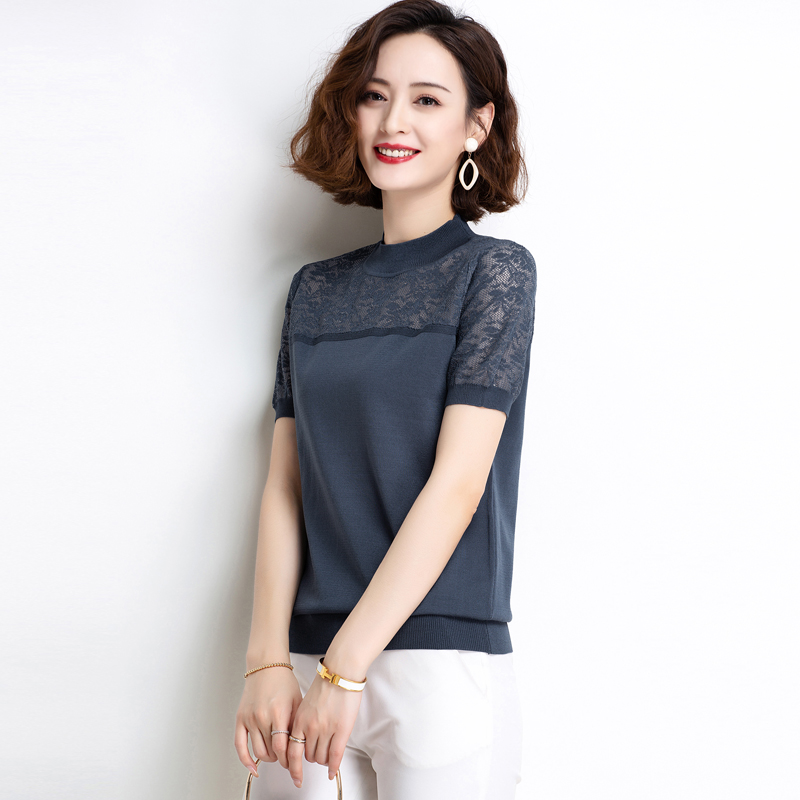 香影纯短袖t恤女装新款夏装中年薄款上衣冰丝针织衫 灰蓝 xl
