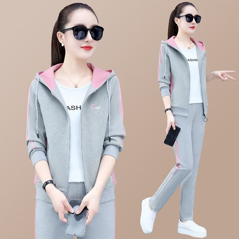 品牌女士运动套装棉质开衫连帽女休闲套装三件套时尚韩版运动服 灰色