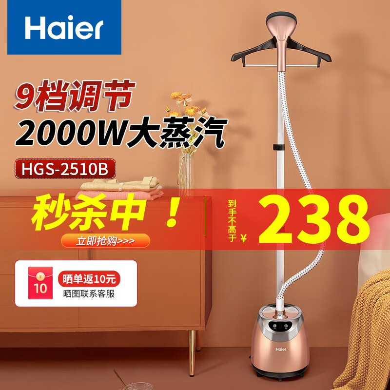 海尔(Haier) 挂烫机家用大功率蒸汽挂烫机 手持熨斗 门店熨衣服熨衣机 电熨斗HGS-2510B 经典款2000W【香槟金】9档精细熨烫